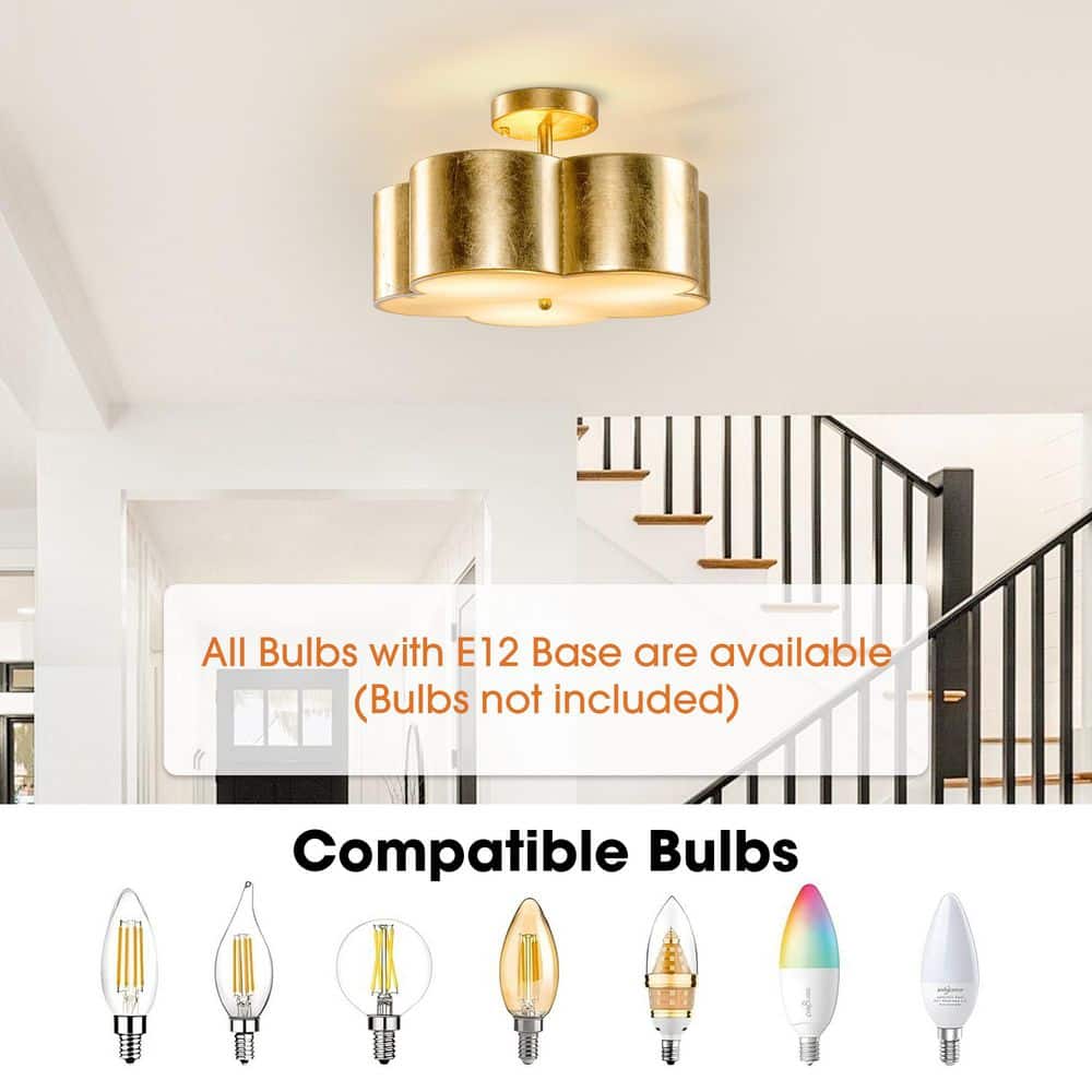 15.35 in. 3-Light Gold Metal Flower Semi Flush Mount Ceiling Light Fixture - Hercitys