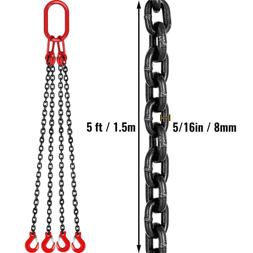 5 ft. Hoist Chain Sling 5/16 in. Engine Lift Chain G80 Alloy Steel 3-Ton with 4 Leg Grab Hooks and Adjuster - Hercitys