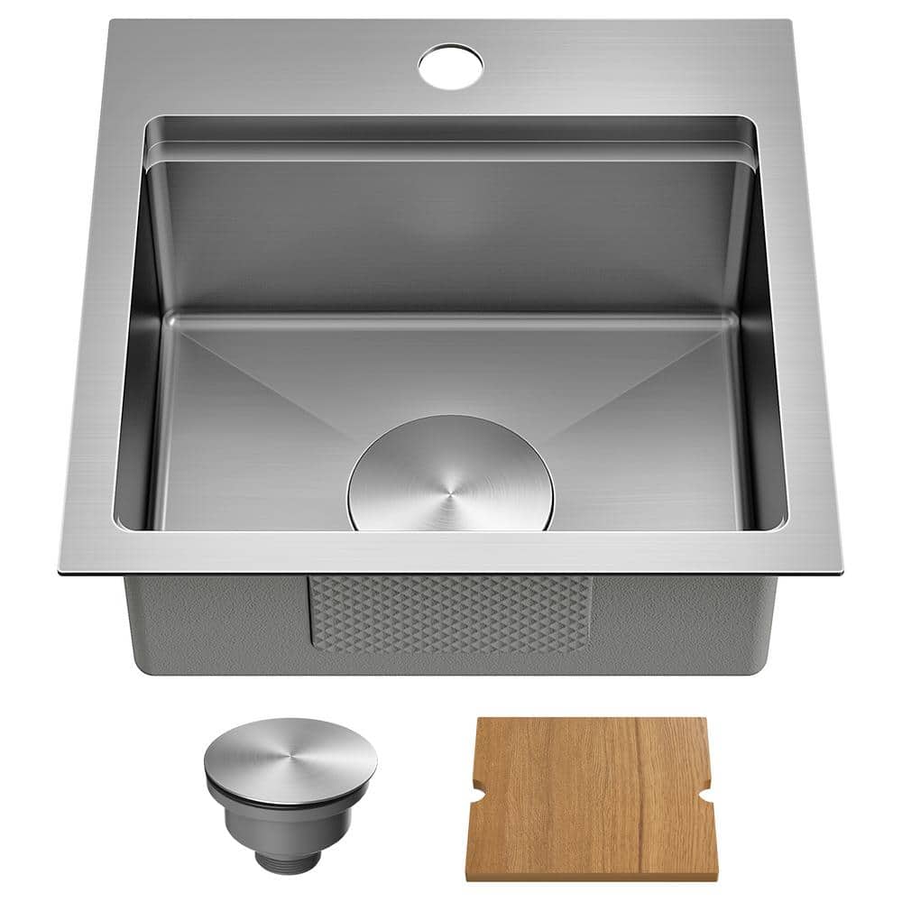 15 in. Drop-In/Undermount Single Bowl Chrome Stainless Steel Kitchen Sink with Cutting Board - Hercitys