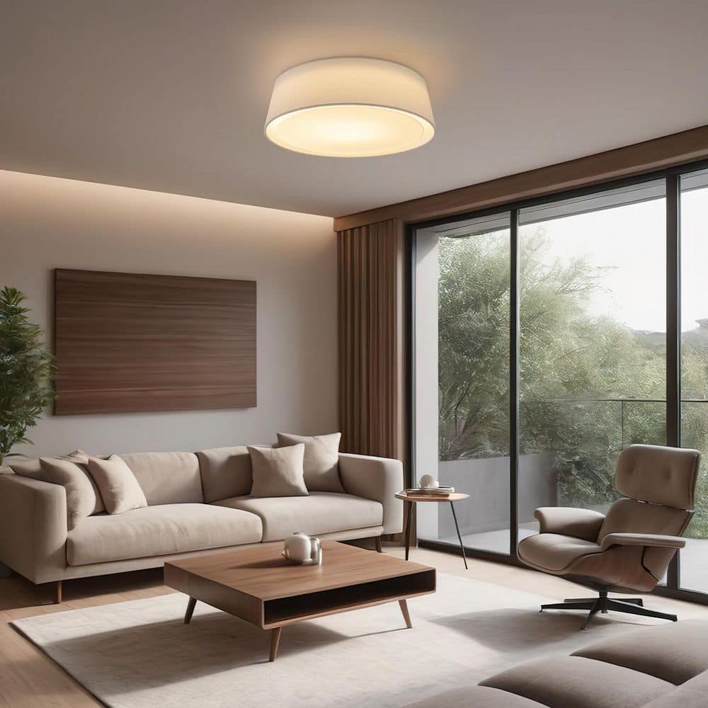 16.3 in. LED Flush Mount Ceiling Light Modern Cone Light Fixture with White Fabric Shade and Milky Glass Shade - Hercitys