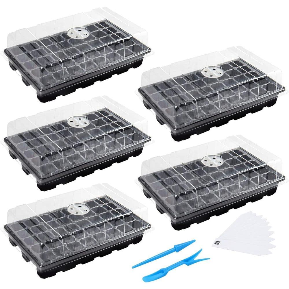 5-Pack 14 in. x 9.84 in. x 5.11 in. Outdoor Black Plastic Seed Starter Tray Kit with Humidity Vented Domes and Base - Hercitys