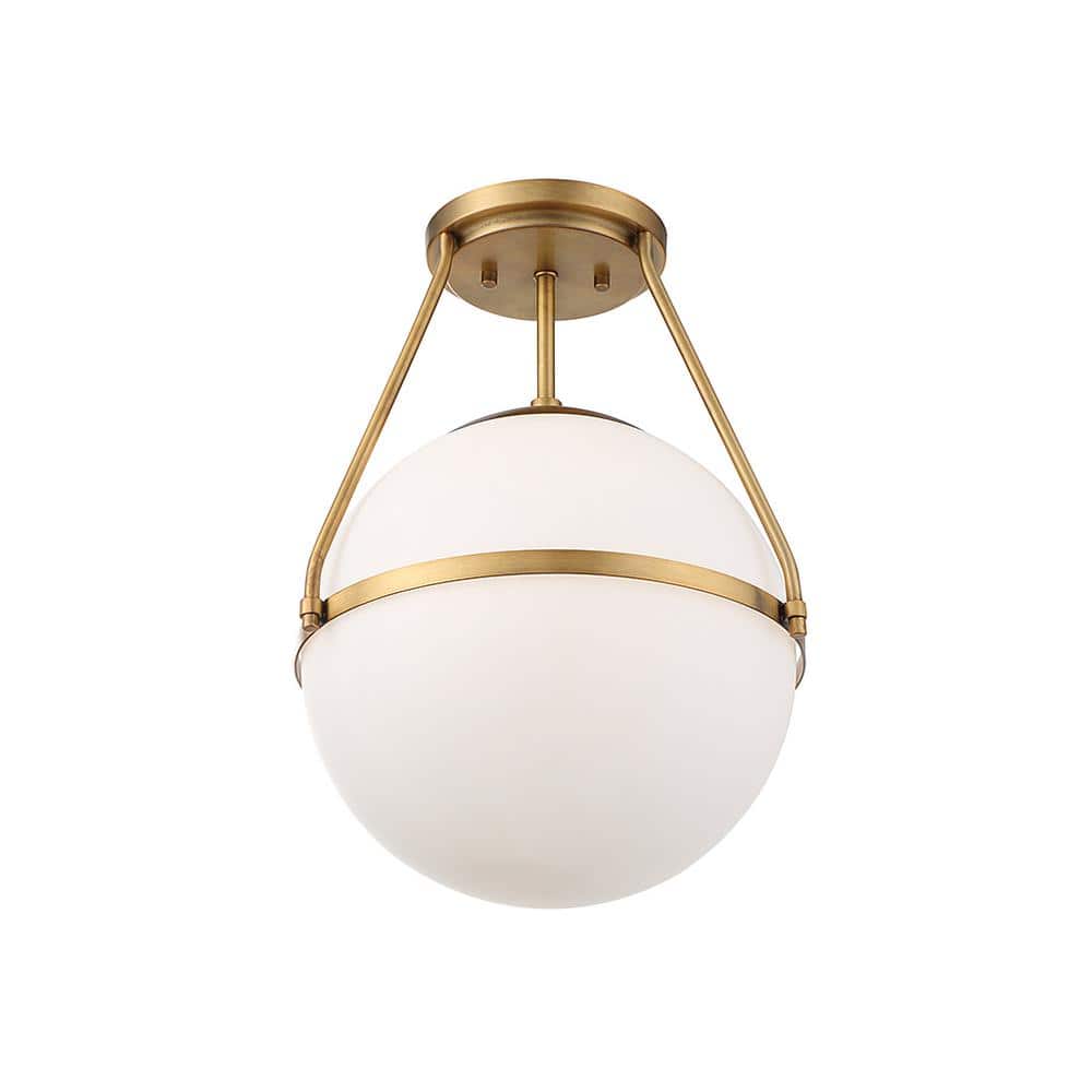 13 in. W x 17.25 in. H 1-Light Natural Brass Semi-Flush Mount Ceiling Light with Opal Glass Shade - Hercitys