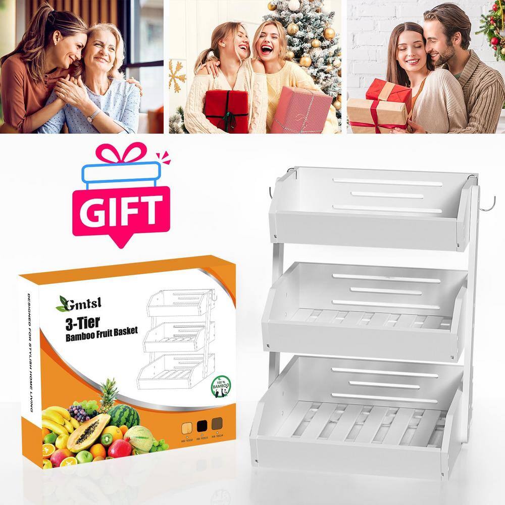 3-Tier Fruit Bowl For Kitchen Counter, Large Fruit Holder With Banana Hangers For Fruit and Vegetable Storage in White - Hercitys
