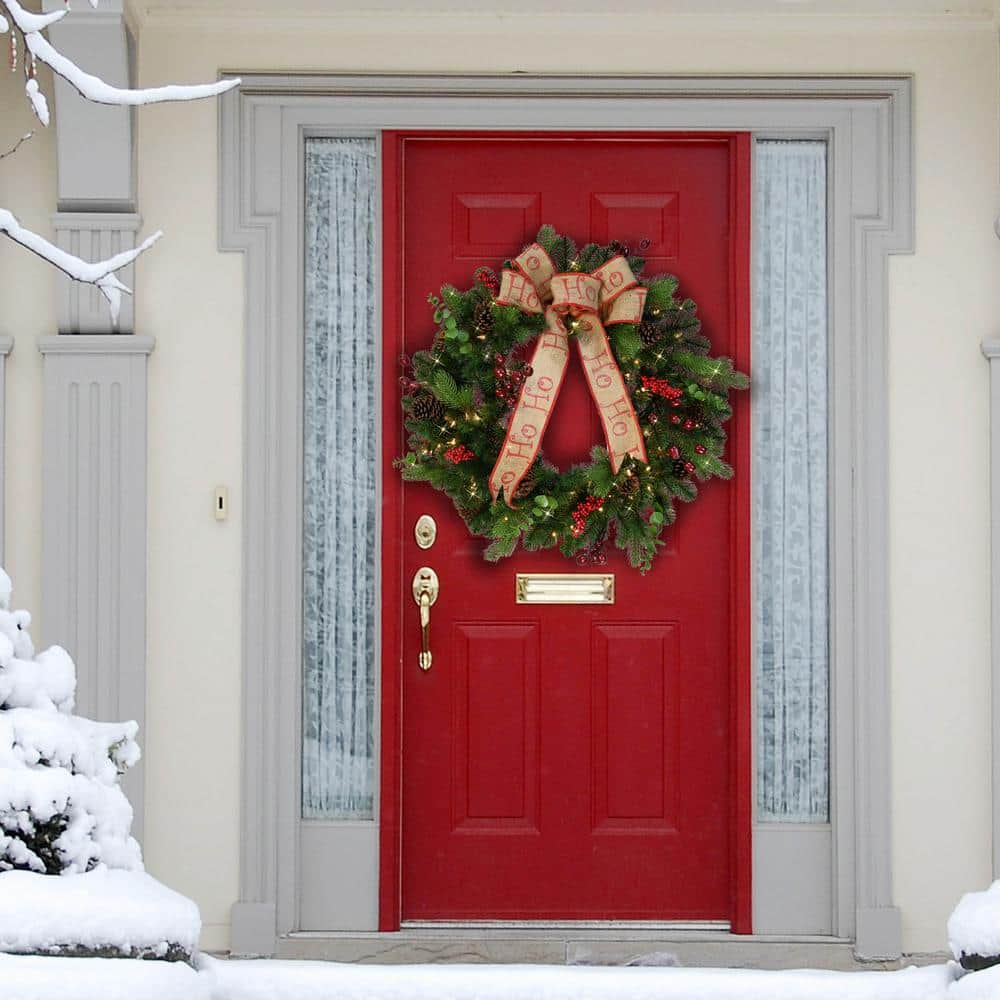 30 in. Green Prelit Artificial Christmas Wreath with Pinecones, Red Berries and Ribbon - Hercitys