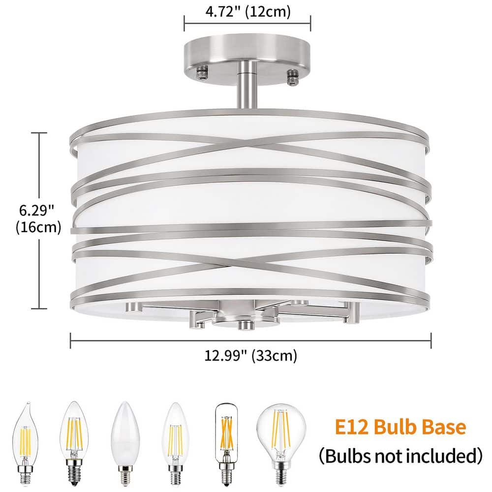 12.99 in. 4-Light Modern Silver Metal and Fabric Drum Semi Flush Mount Ceiling Light Fixture - Hercitys