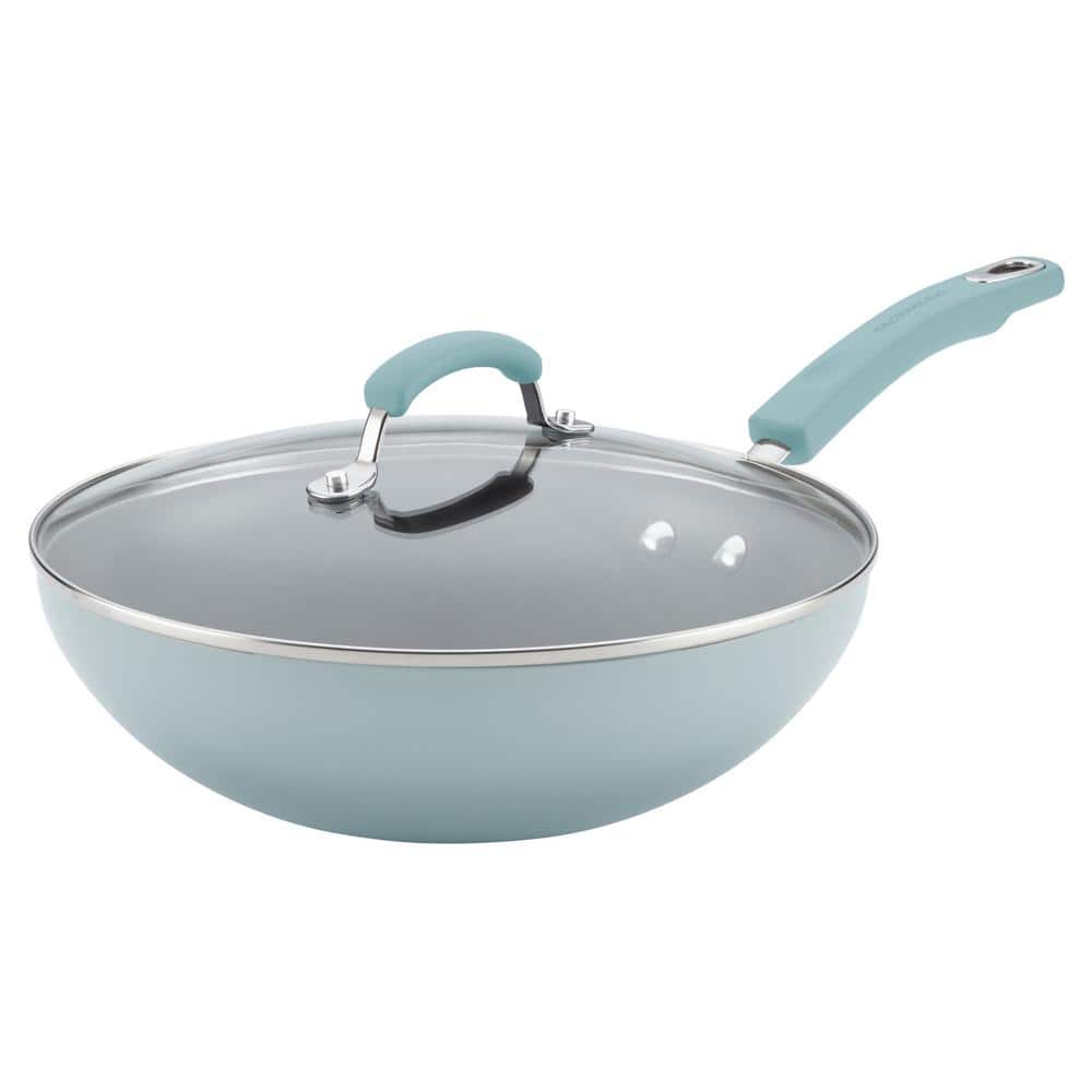 11 in. Sky Blue Stir Fry Aluminum Nonstick Classic Brights with Lid - Hercitys
