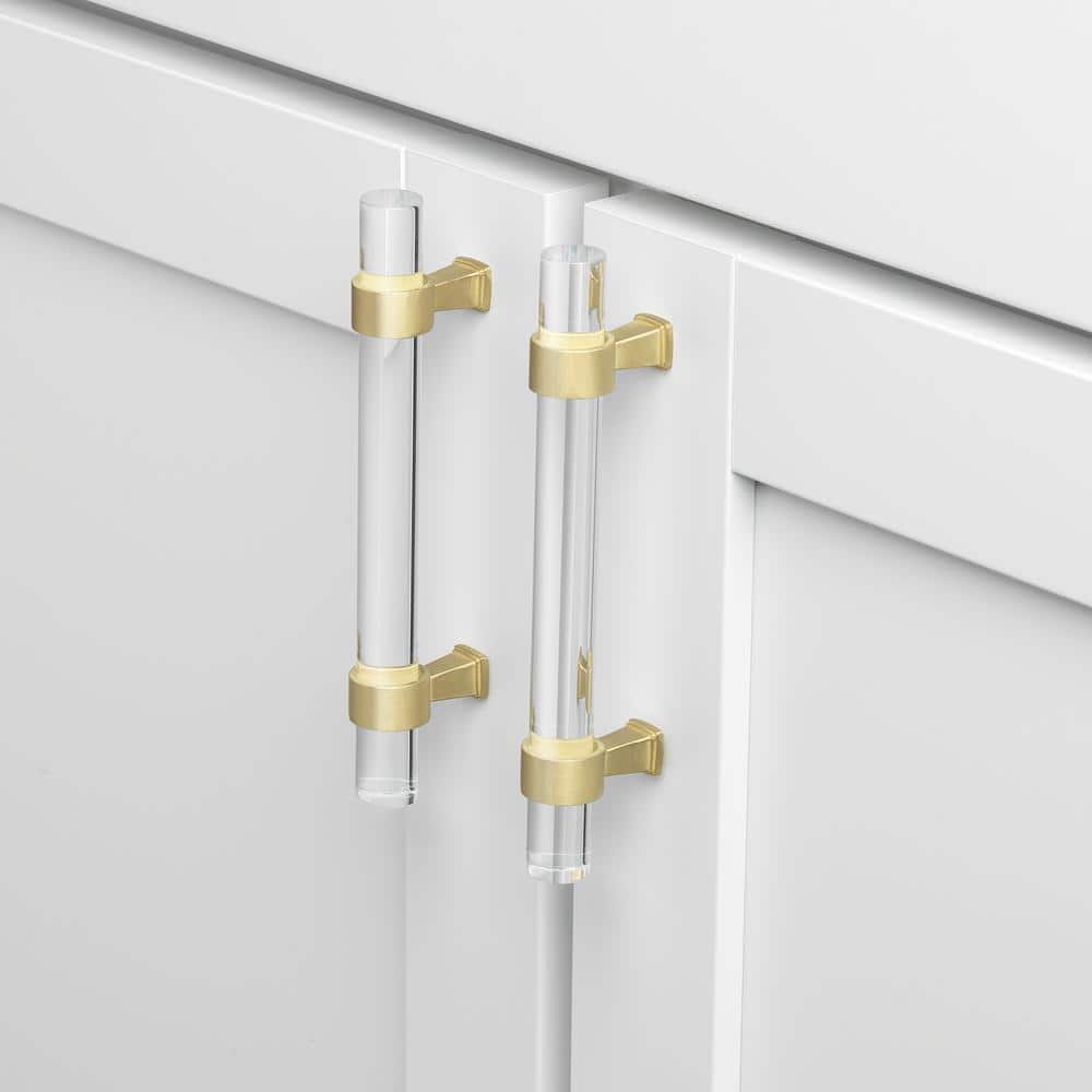 3-3/4 in. Center-to-Center Clear Acrylic Cabinet Drawer Pull with Satin Gold Bases (10-Pack) - Hercitys