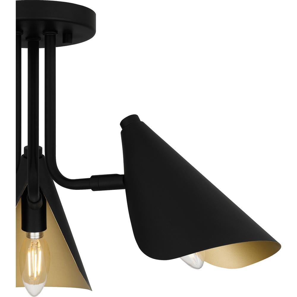 20 in. 3-Light Matte Black Semi-Flush Mount with Painted Gold Interior Metal Shades - Hercitys