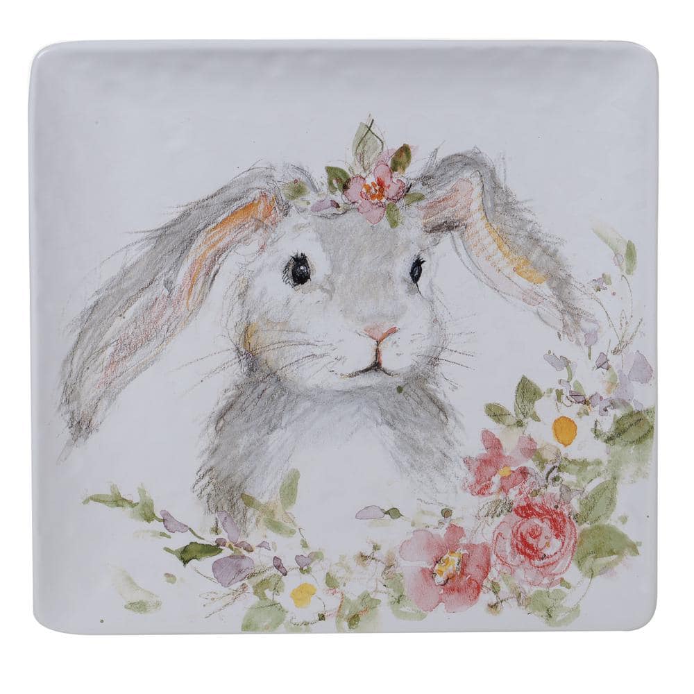 12.5 in. Assorted Colors Sweet Bunny Multicolored Earthenware Square Platter - Hercitys