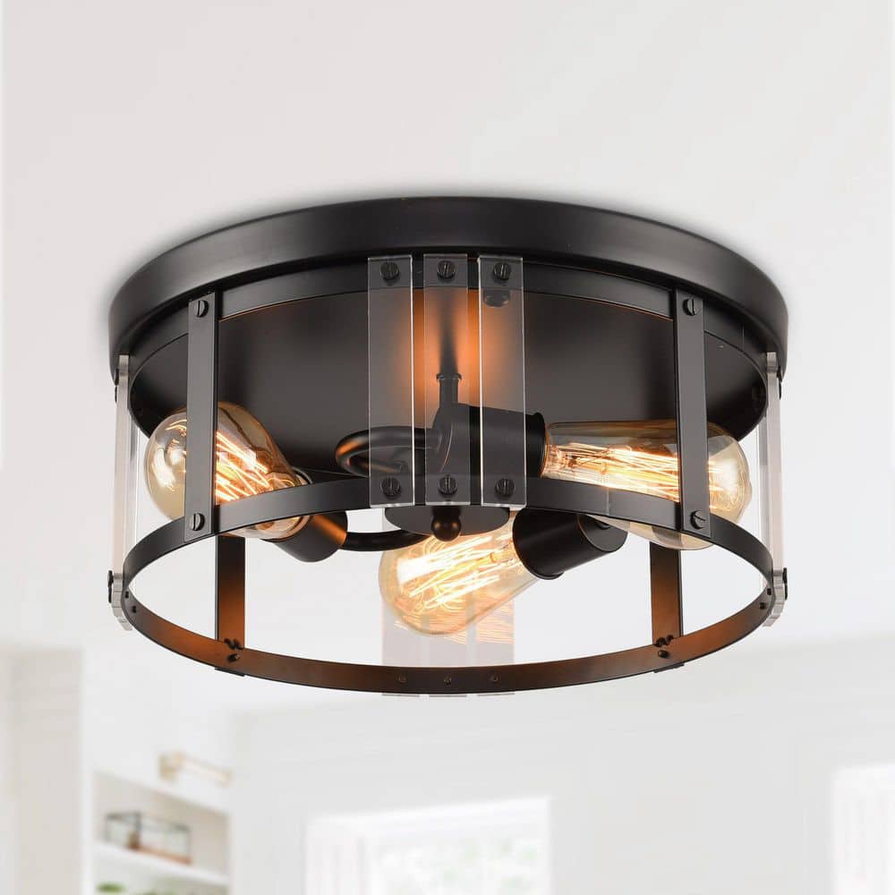 13 in. 3-Light Indoor Matte Black Drum Flush Mount Ceiling Light for Hallway - Hercitys