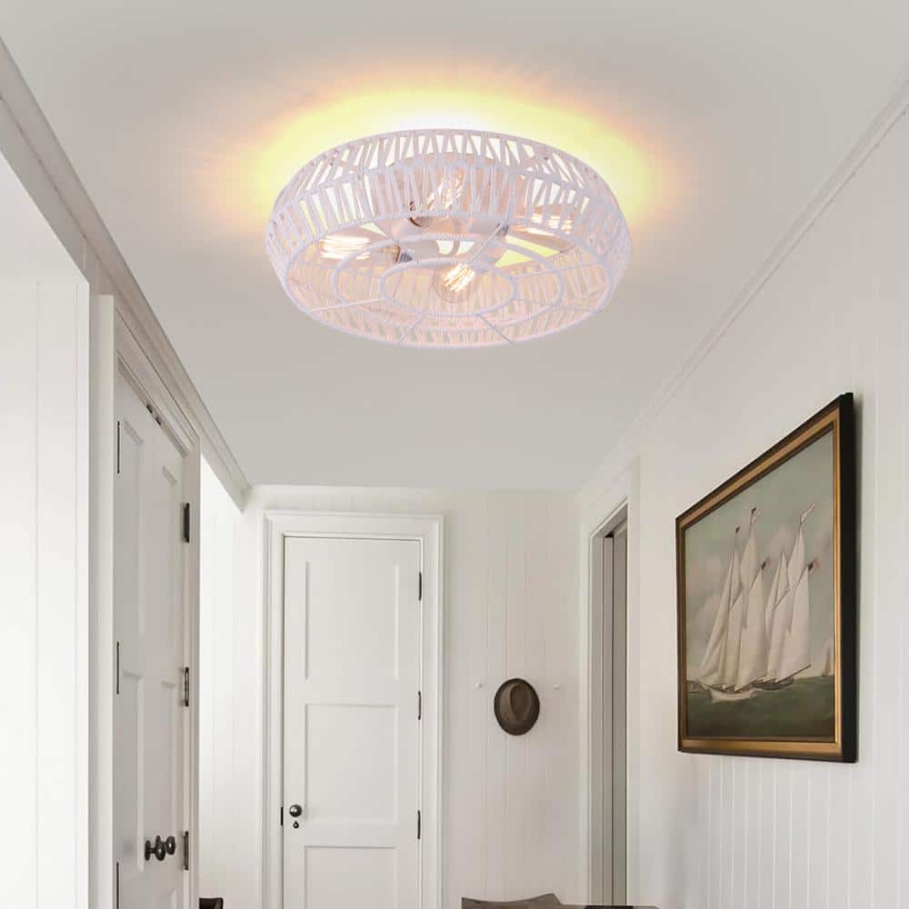 19 in. 4-Light Matte White Bohemian Flush Mount Ceiling Light with Rattan Shade for Living Room, Small Bedroom - Hercitys