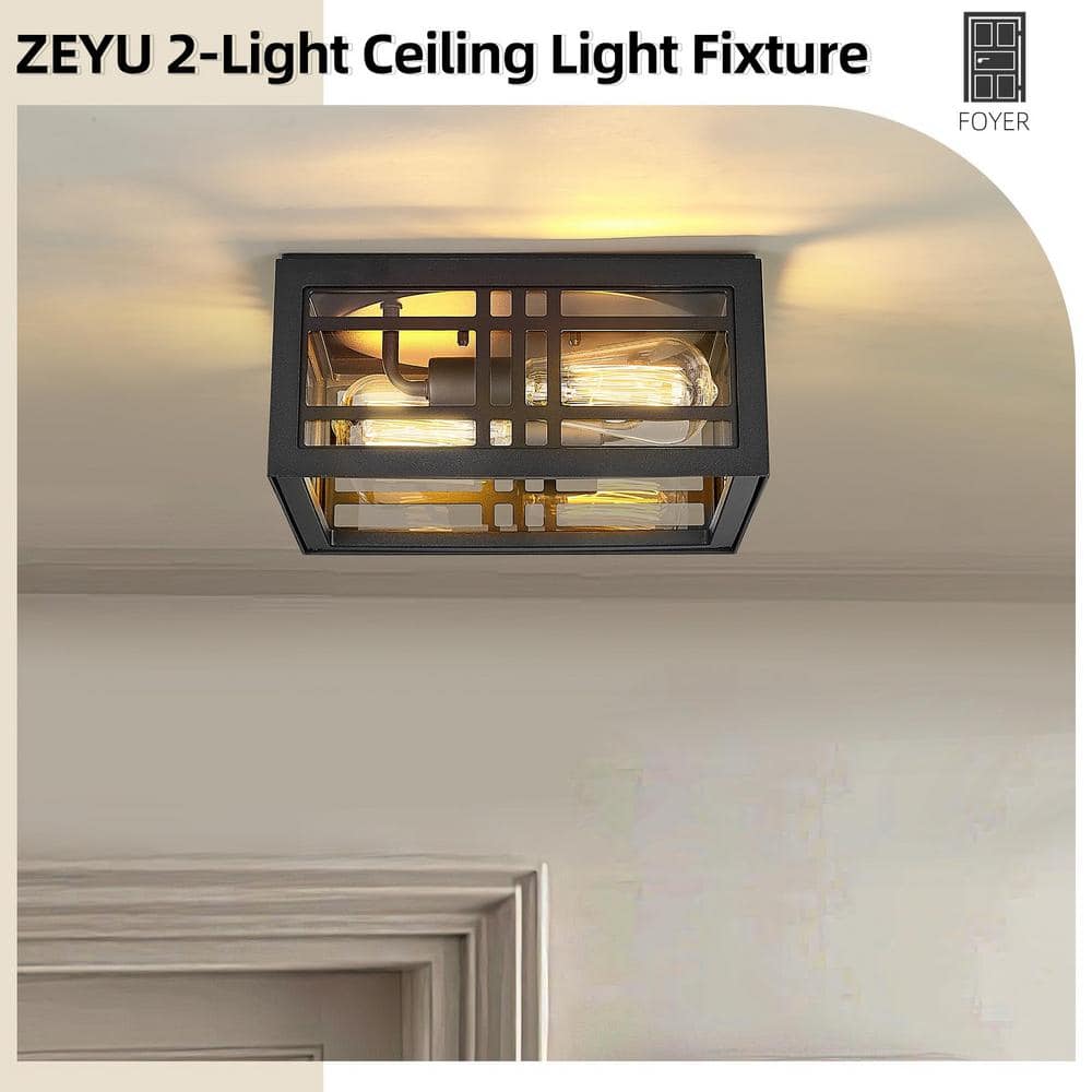 11 in. 2-Light Black Modern Flush Mount with Clear Glass and No Bulbs Included - Hercitys