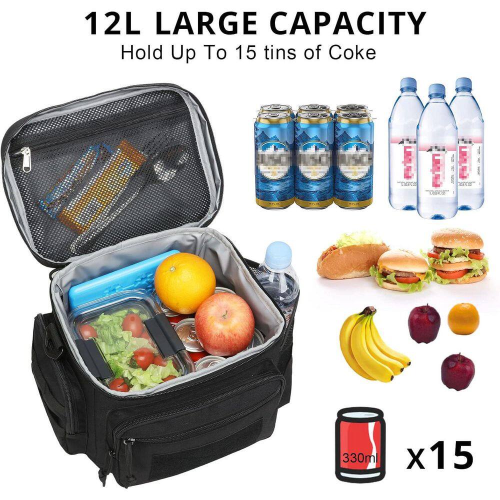 12.3 qt. Tactical Lunch Box MOLLE Webbing Insulated Leakproof Cooler Black with Adjustable Shoulder Strap - Hercitys