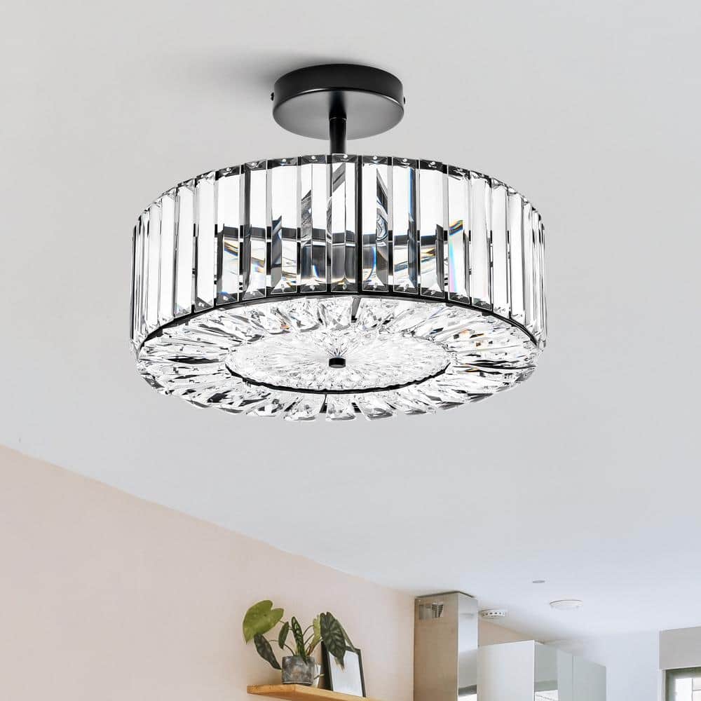 15 in. 4-Light Black Crystal Semi Flush Mount Ceiling Light With Clear Glass Shade - Hercitys