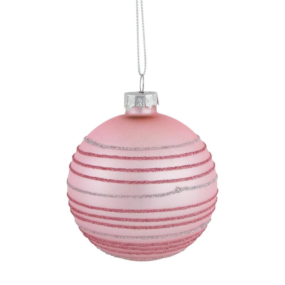 3 in. (80 mm) Pink Glitter Striped Glass Christmas Ball Ornaments (Set of 4) - Hercitys
