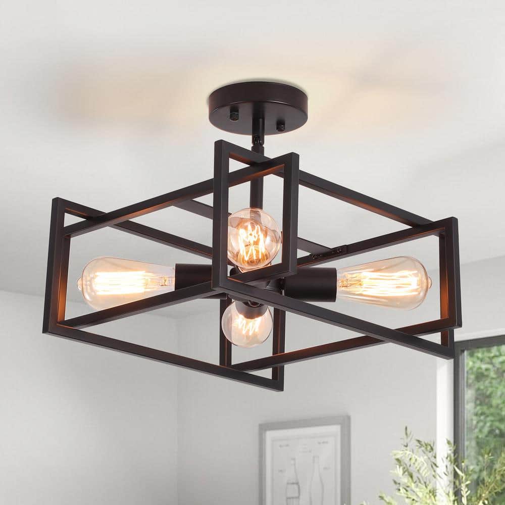 14.96 in. 4-Light Geometric Black Modern Semi-Flush Mount Ceiling Light with No Bulbs Included - Hercitys