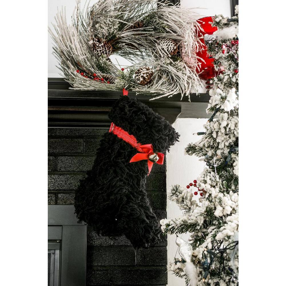 22 in. Curly Black Dog Faux Fur Fabric Christmas Stocking - Hercitys