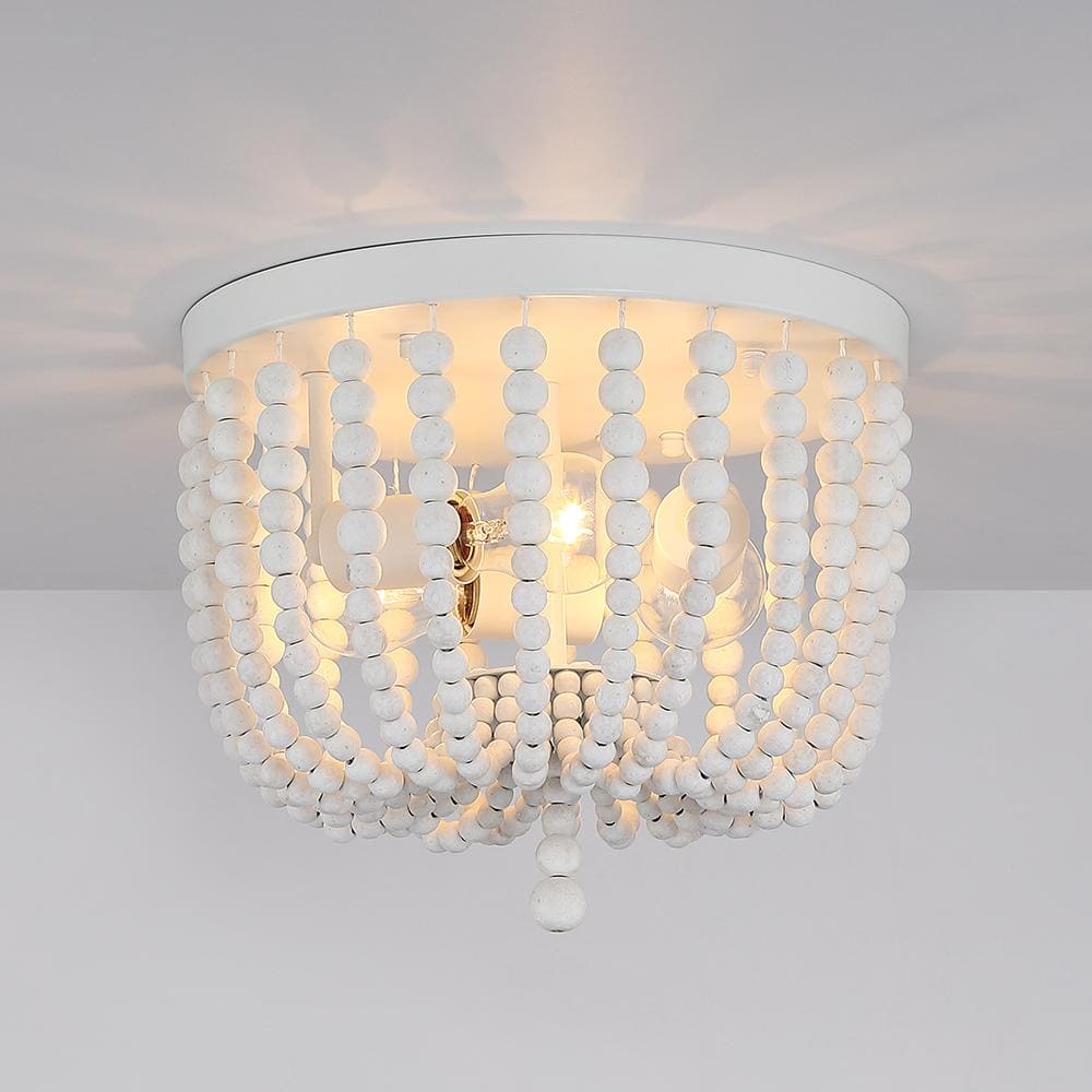 12.6 in. 3-Light Bohemia Antique White Wood Beaded Flush Mount Ceiling Light - Hercitys