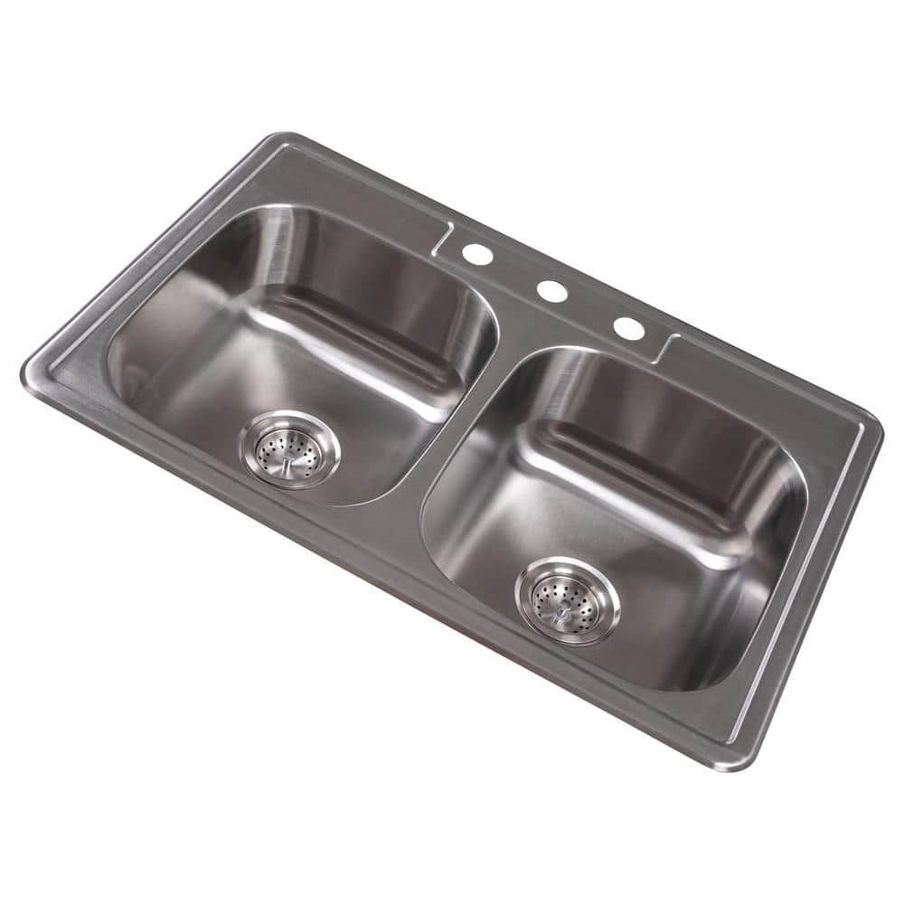 33 in. Overmount 50/50 Double Bowl 18 Gauge Satin Stainless Steel Kitchen Sink with Strainer - Hercitys