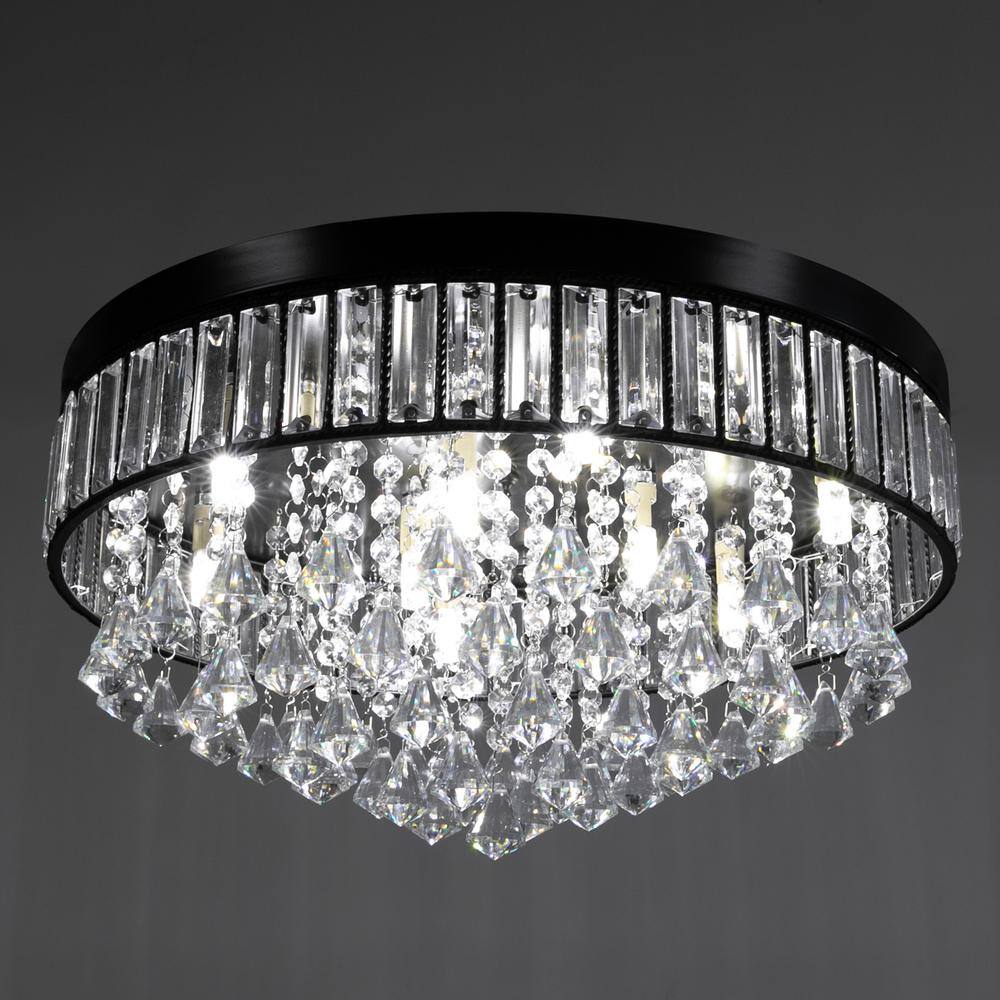 19.68 in. 9-Light Black Modern Round Flush Mount Ceiling Light with Clear Crystal Shade and No Bulbs Included - Hercitys