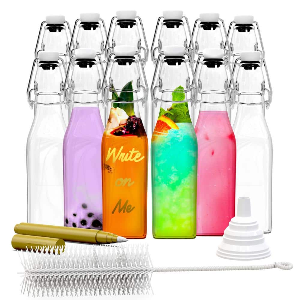 12-Pack 8.5 oz. Square Glass Bottles with Swing Top Stoppers, Bottle Brush, Funnel, and Gold Glass Marker - Hercitys