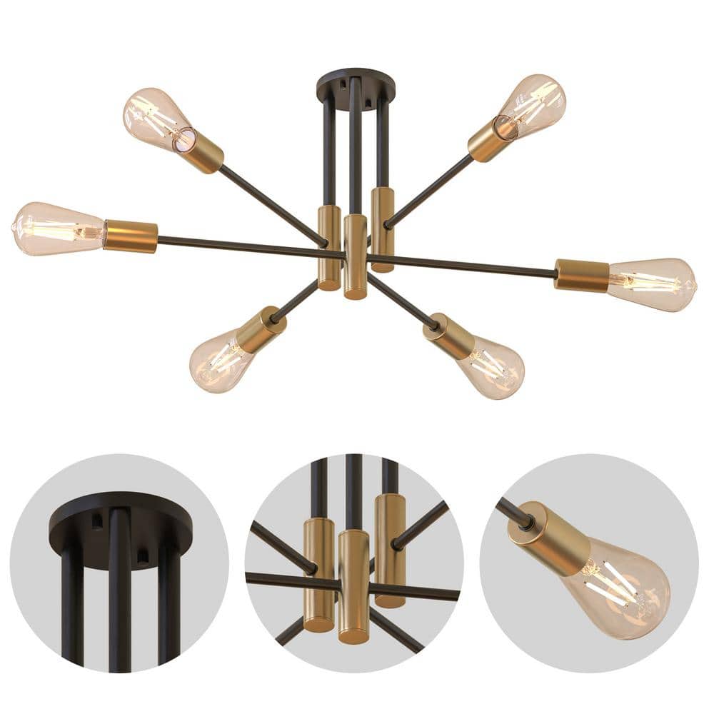 32.7 in. 6-Light Black Sputnik Semi Flush Mount Modern Chandeliers for bedrooms, dining room light fixture - Hercitys