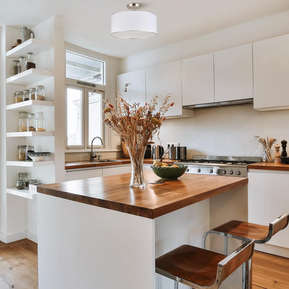 18 in. 3-Light Brushed Nickel Semi-Flush Mount with White Fabric Drum Shade - Hercitys