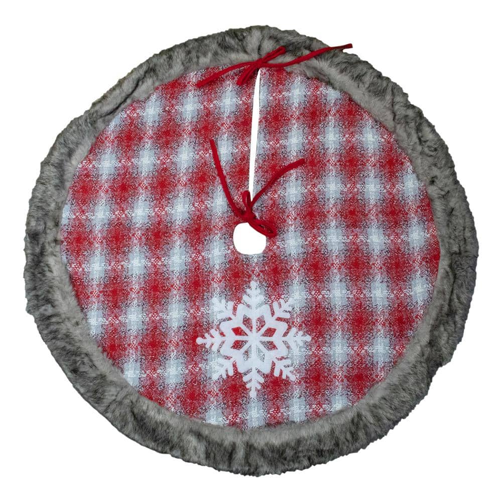 48 in. Red and White Plaid Christmas Tree Skirt with Snowflake - Hercitys