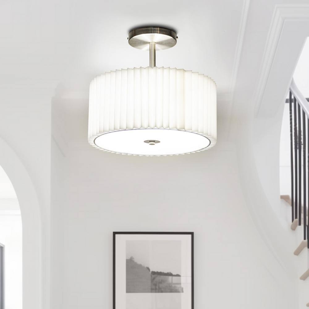 11.8 in. 3-Light Chrome Semi-Flush Mount Ceiling Light with Fabric and Acrylic Cylindrical Shades - Hercitys