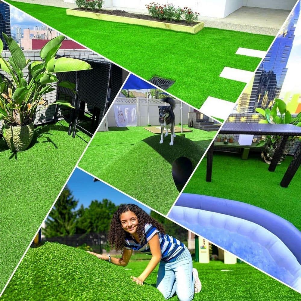 5 ft. x 10 ft. Plastic Garden Fence Turf Mat Thick Fake Faux Grass with Rubber Backing and Drainage Holes in Green - Hercitys