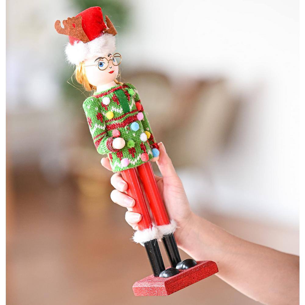 15 in. Wooden Christmas Ugly Sweater Nutcracker -Red and Green Nutcracker Girl with an Ugly Sweater and Reindeer Hat - Hercitys