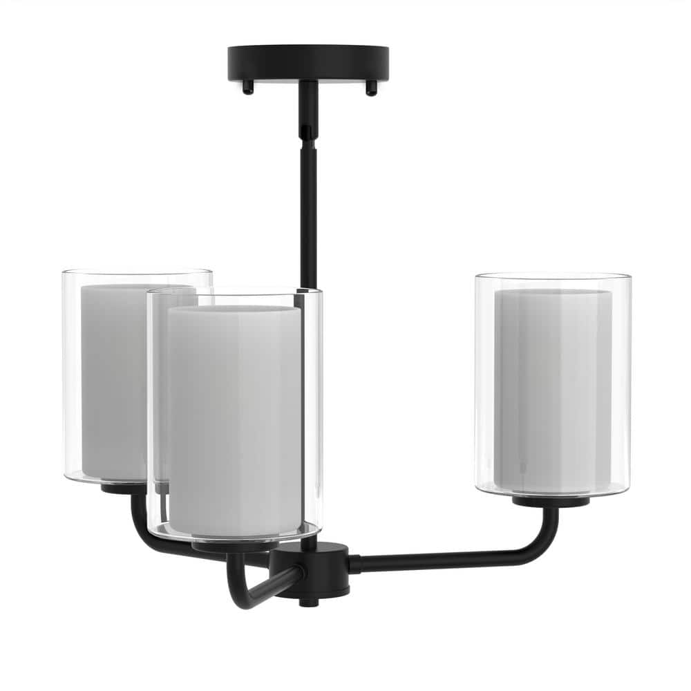 20 in. 3-Light Black Modern Semi-Flush Mount Pendant Lighting, Adjustable Height with Glass Shades for Dining Room - Hercitys