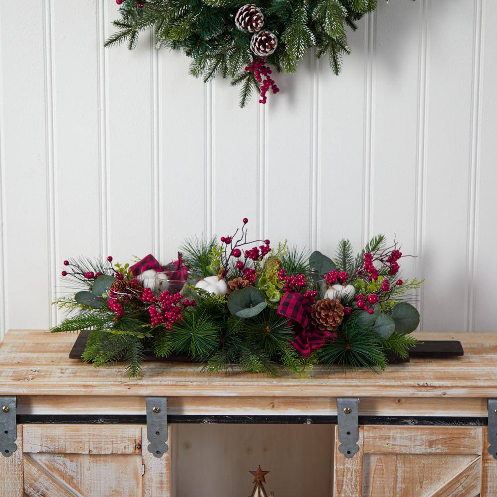 24 in. Unlit Holiday Berries, Pinecones and Eucalyptus Christmas Artificial Arrangement Cutting Board Table Arrangement - Hercitys