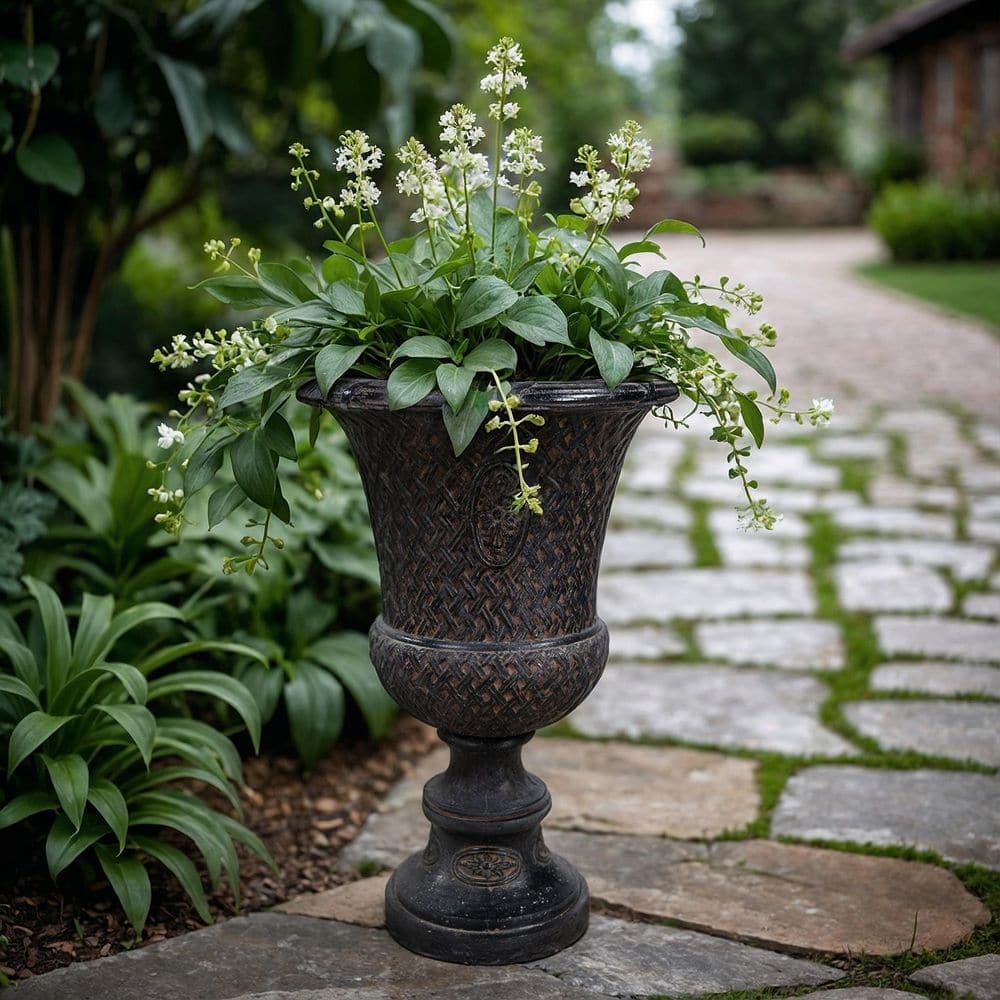 28 in. H Aged Charcoal Cast Stone Lattice Banded Urn - Hercitys