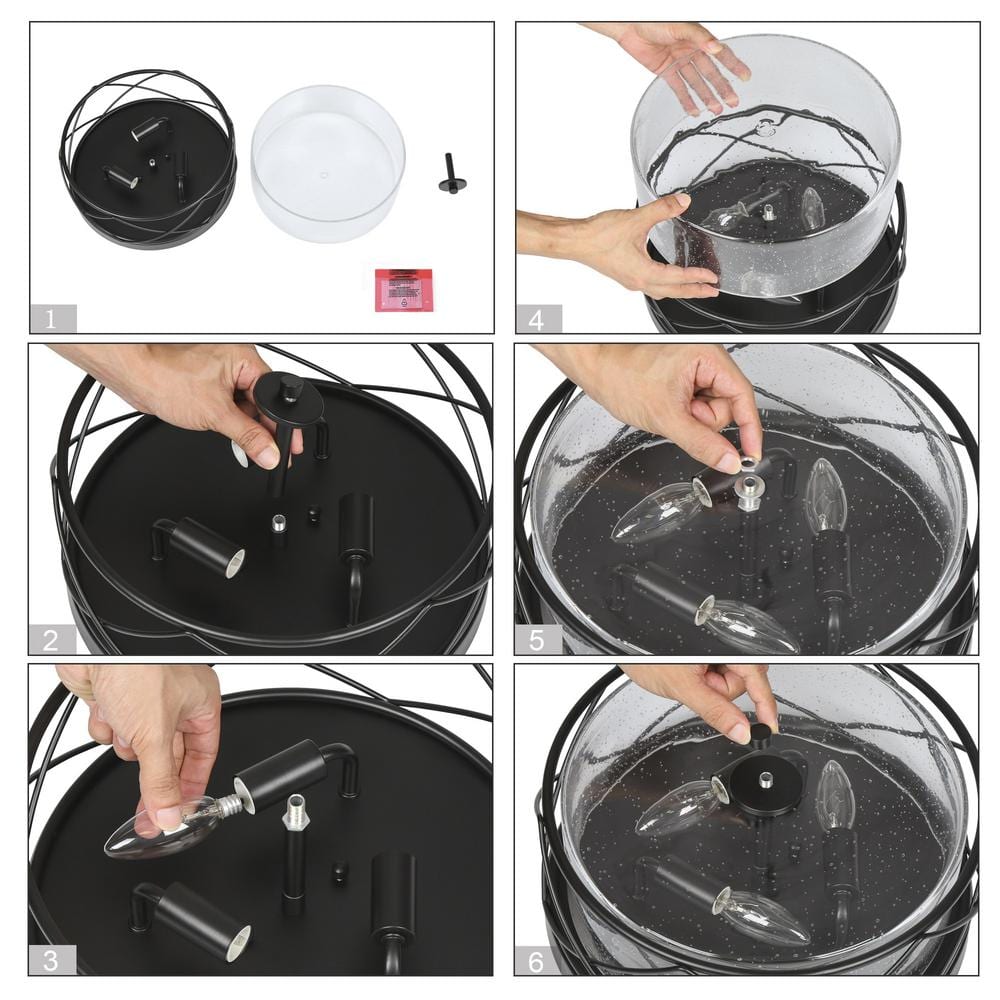 13 in. 3-Light Black Modern Farmhouse Foyer Flush Mount with Clear Seeded Glass Shade Classic Circle Ceiling Light - Hercitys