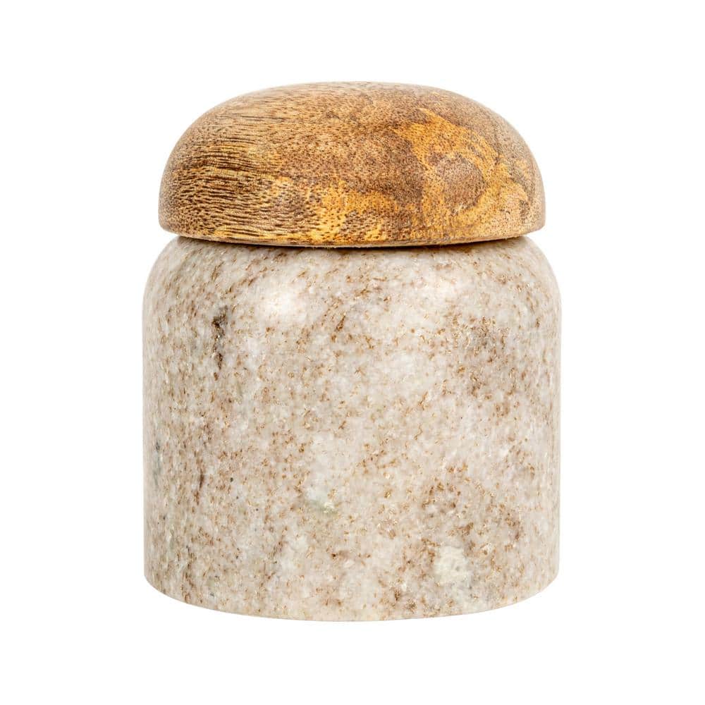 3 in. x 3.25 in. Beige Modern Marble Canister with Wood Lid - Hercitys