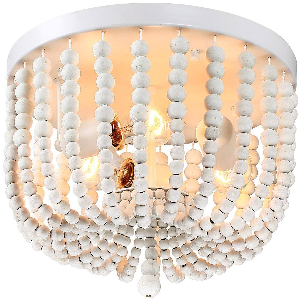 12.6 in. 3-Light Bohemia Antique White Wood Beaded Flush Mount Ceiling Light - Hercitys