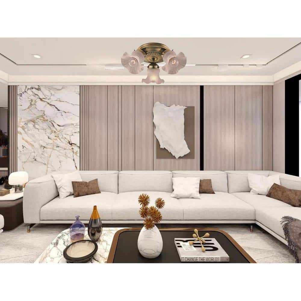 14.1 in. W x 6 in. H Antique Brass Flush Mount Fixture with Frosted Tulip Glass Shade - Hercitys