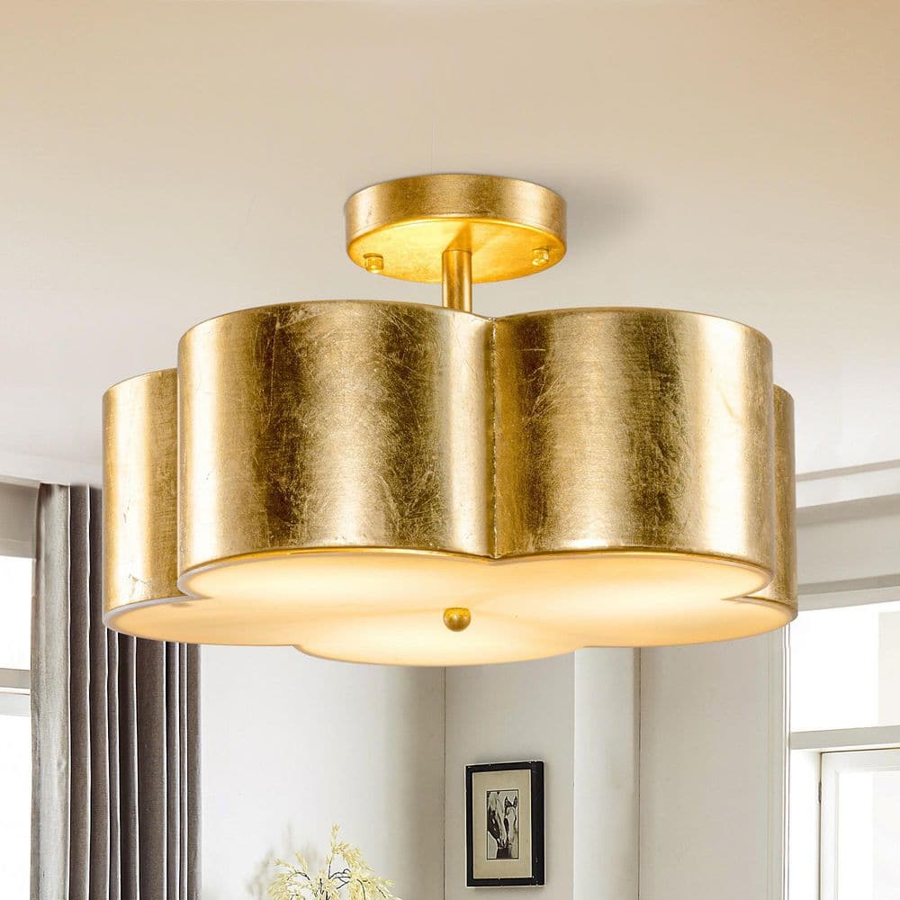 15.35 in. 3-Light Gold Metal Flower Semi Flush Mount Ceiling Light Fixture - Hercitys