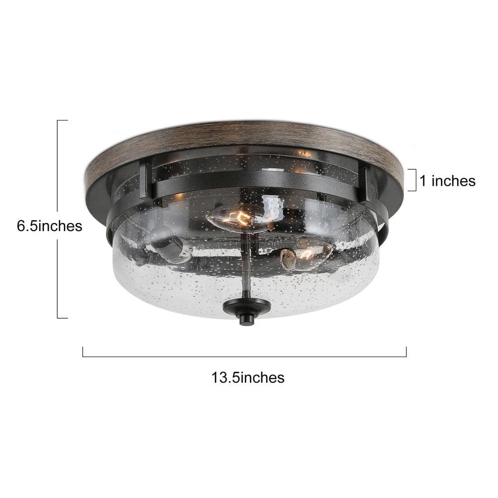 13.5 in. 3-Light Bronze Flush Mount Ceiling Light with Drum Clear Seeded Glass Shade and Round Faux Aged Wood Plate - Hercitys