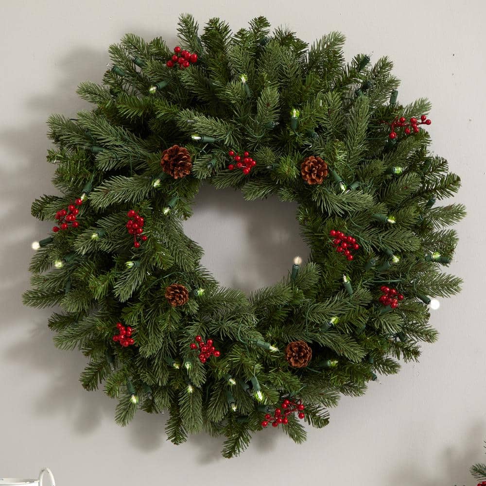 30 in. Lighted Pine Artificial Wreath with Berries and Pine Cones - Hercitys