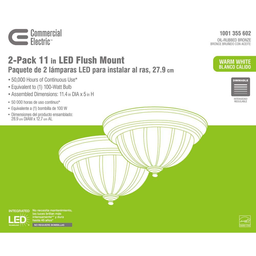 11 in. 100-Watt Equivalent Oil-Rubbed Bronze Integrated LED Flush Mount with Frosted Glass Shade (2-Pack) - Hercitys