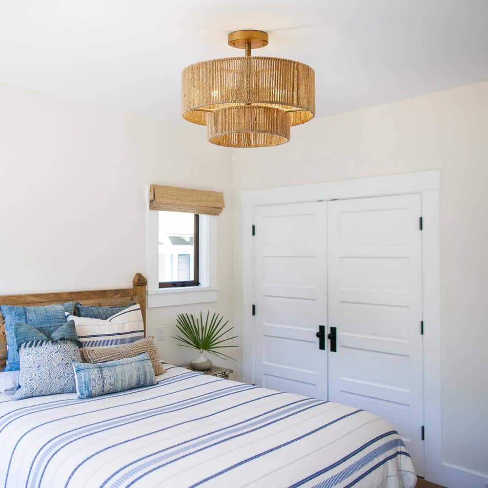 15.4 in. 3-Light Bohemian Antique Gold Two-Tier Drum Semi- Flush Mount with Natural Jute Rope Shade - Hercitys