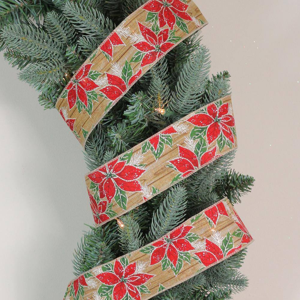 2.5 in. x 16 yds. Red and Green Poinsettia Wood Planks Christmas Wired Ribbon - Hercitys