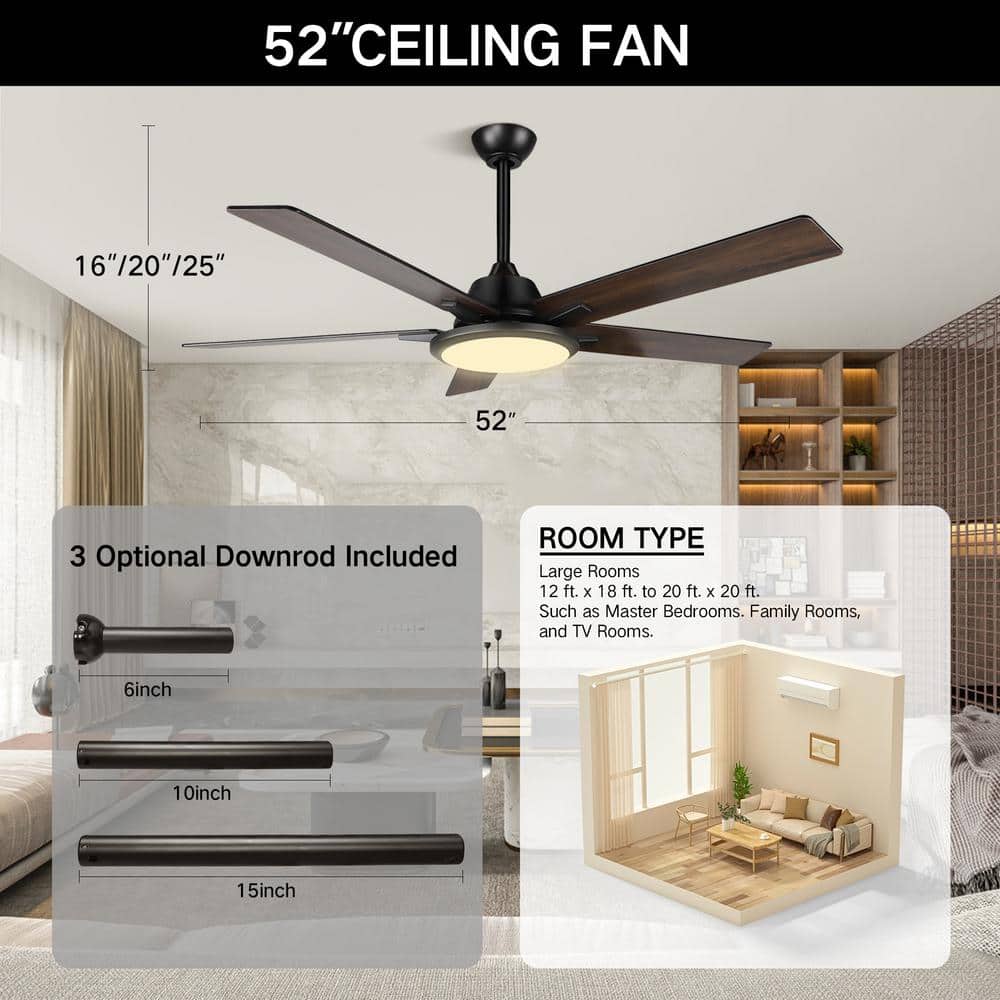 52 in. Indoor/Outdoor Black Smart Wi-Fi Ceiling Fan w/Color Changing Integrated LED & Remote, Works w/Alexa/Google Home - Hercitys