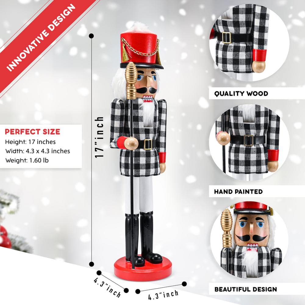 17 in. Wooden Christmas Checkered Soldier Nutcracker-Black and White Wooden Nutcracker Toy Soldier with Staff Holiday - Hercitys