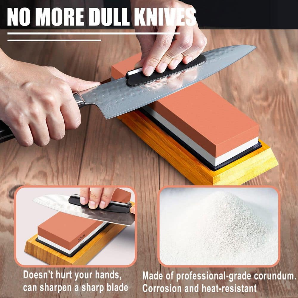 4-Side Emery Grit Whetstone, Knife Sharpening Stone with Non-slip Base, Leather Strop, Flattening Stone and Angle Guide - Hercitys