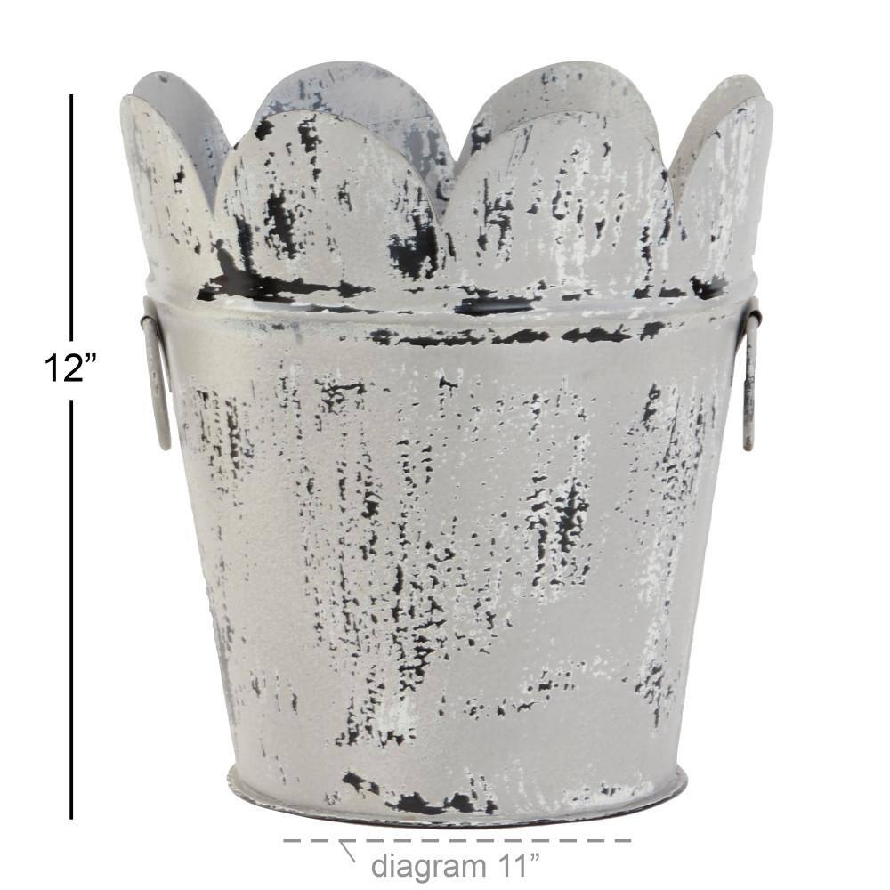 11 in. x 12 in. Farmhouse Style Distressed White Metal Scalloped Bucket Planter with Handles - Hercitys