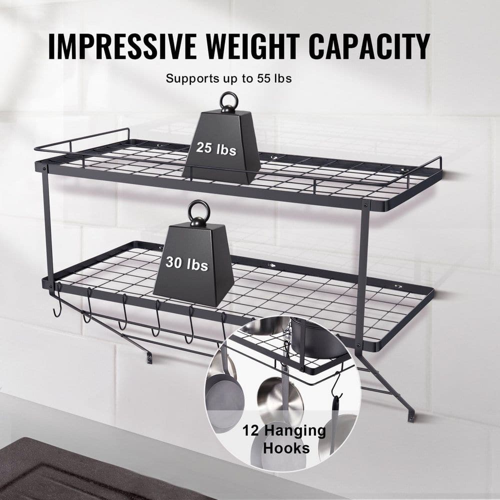 30 in. Black Wall Mounted Pot Rack with 12 S Hooks, 2-Tier Pot and Pan Hanging Rack - Hercitys