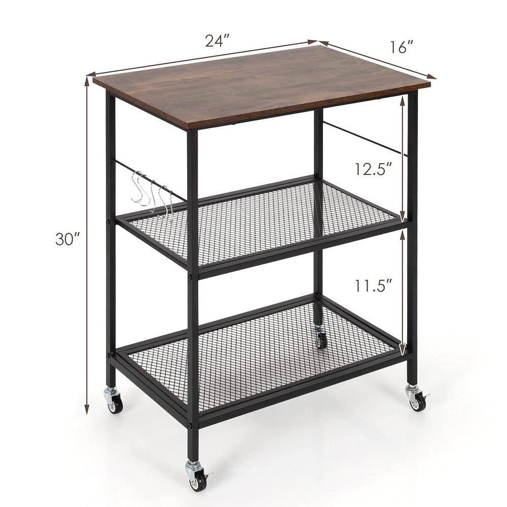 3-Tier Brown Kitchen Serving Cart Utility Standing Microwave Rack with Hooks - Hercitys